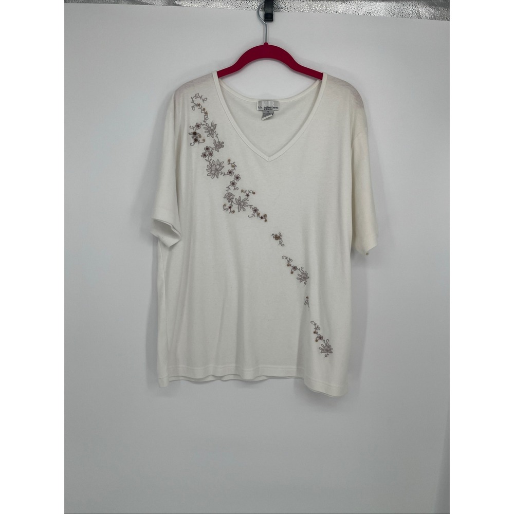 KB Collection Floral Embroidered Beaded V-Neck Top Women 1X Cream Grandacore